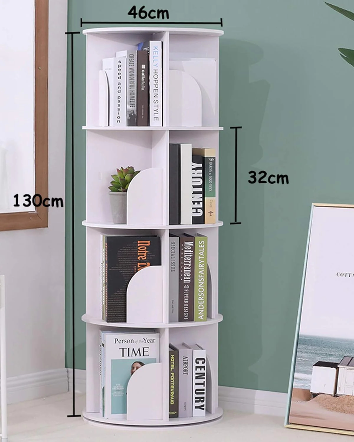 Rotating Bookshelf, 4 Tier 360° Revolving Bookcase Corner PVC Wood-Plastic Board Bookcase, Stackable Bookshelf Organizer, Display Cabinet for Office Home Living Room
