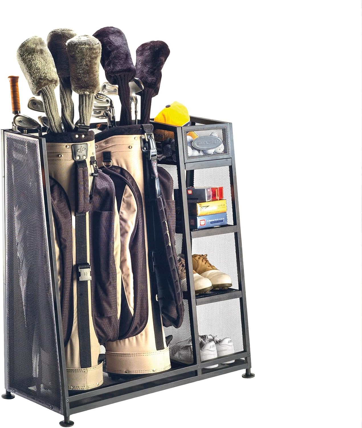 Metal golf equipment storage rack for golf bags, clubs and accessories
