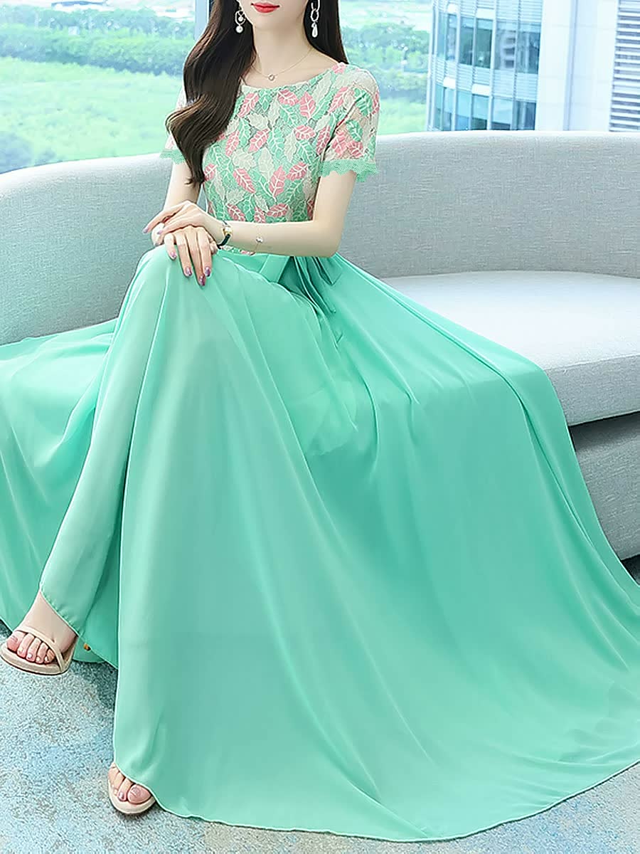 Women's Short-sleeved Fashionable Waist Slimming Lace Chiffon Dress