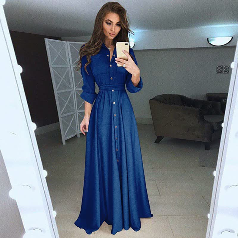 Long Sleeve Button Waisted Lace-up Long Dress