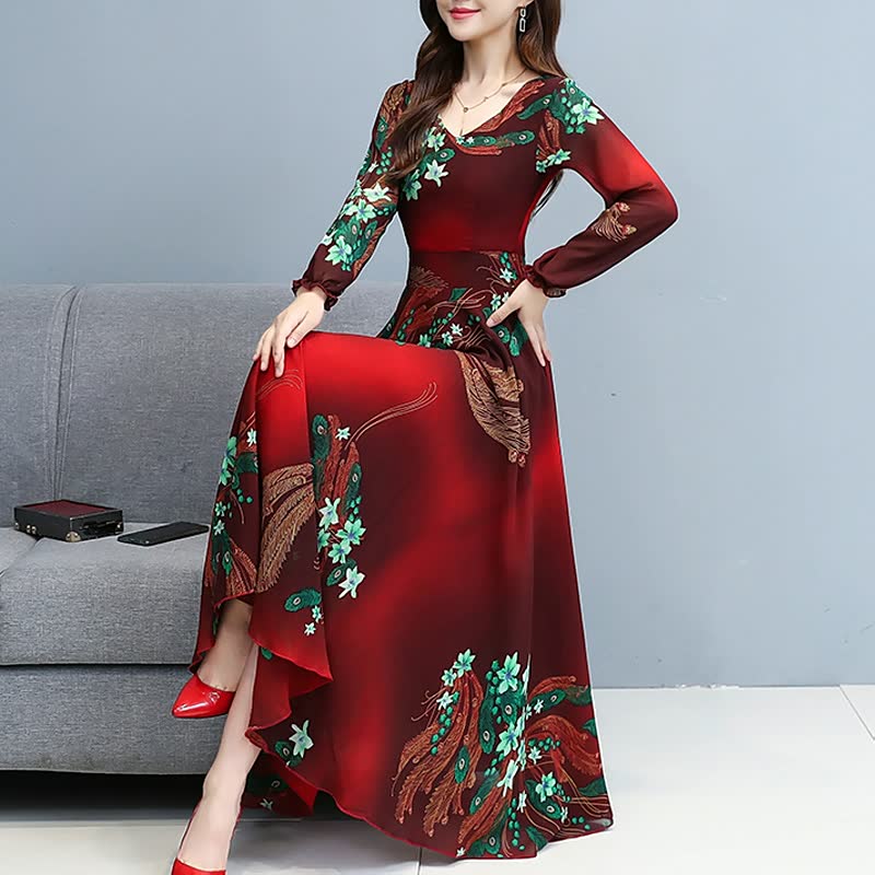 Spring And Autumn Women's Clothing Waisted Slim Elegant Floral Chiffon Dress Women