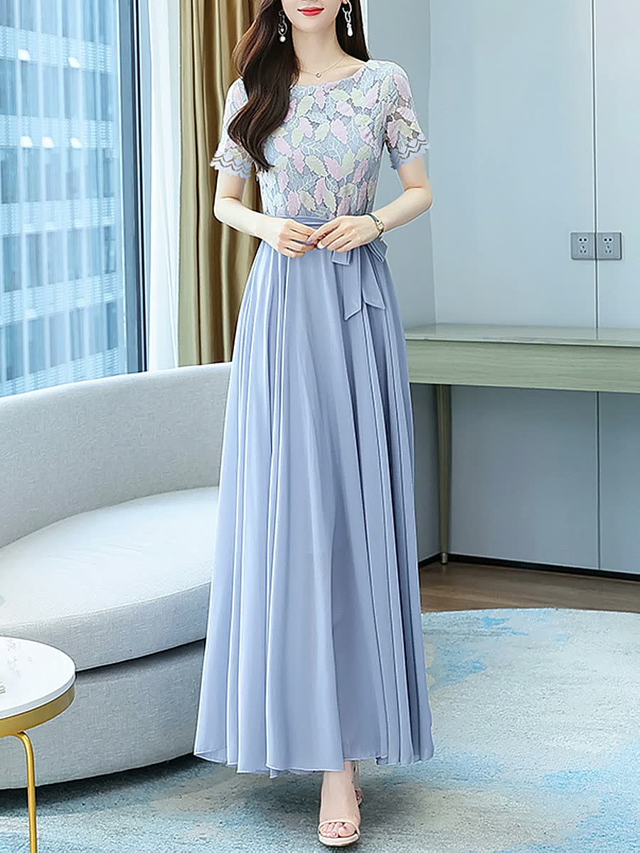 Women's Short-sleeved Fashionable Waist Slimming Lace Chiffon Dress