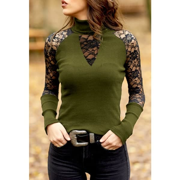 Women's Clothing Mock-neck Sexy Spliced Long Sleeve Plain Pullover Top T Shirt