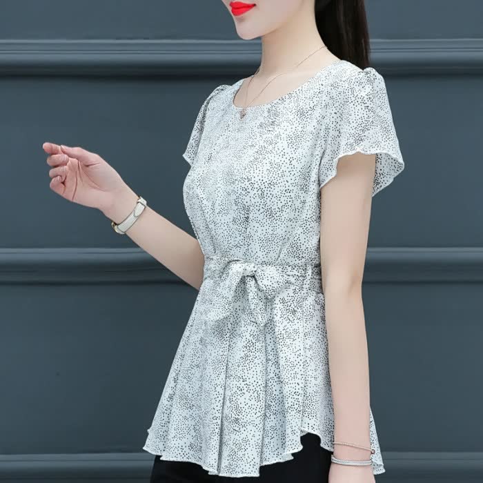 Women's Clothing Summer Popular Short Sleeve Top Waisted Slim-fit Plus Size Floral Chiffon Shirt