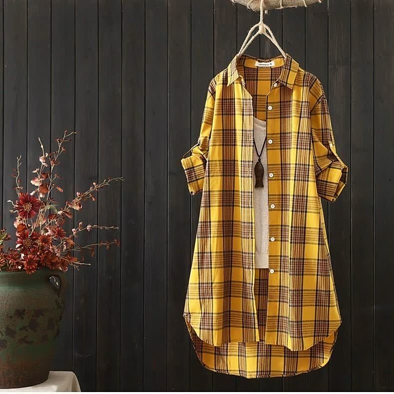 Plaid Shirt Women's Clothing Spring And Autumn Mid-length Loose Long Sleeve Top Shirt Coat All-fitting Casual