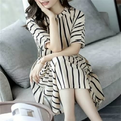 Lace-up Vertical Stripes Summer Fitting Women's Clothing Mid-length Dress