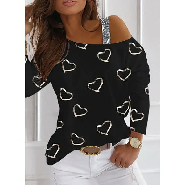 Style/love Print Neck Off-the-shoulder Sexy/Long Sleeve/Casual Top T Shirt All-fitting For Young People Street