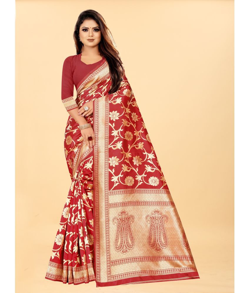Gazal Fashions - Red Banarasi Silk Saree With Blouse Piece ( Pack of 1 )