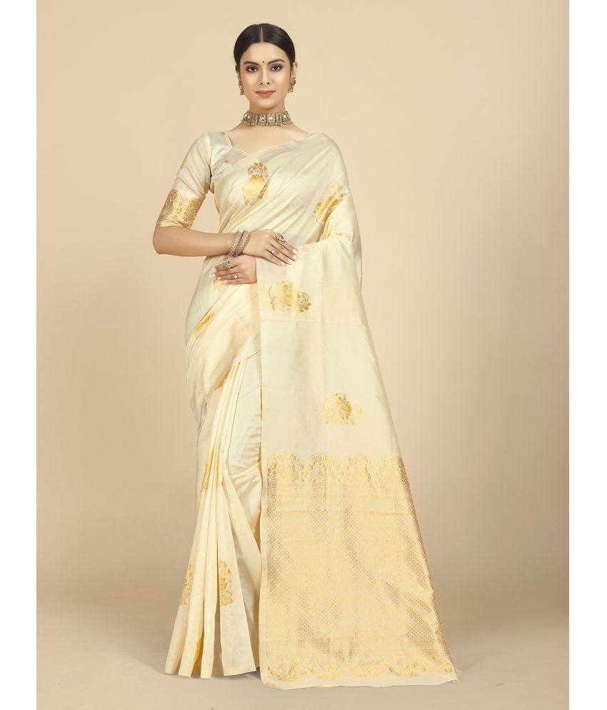 Rangita Women Ethnic Motifs Banarasi Silk Saree With Blouse Piece - Cream