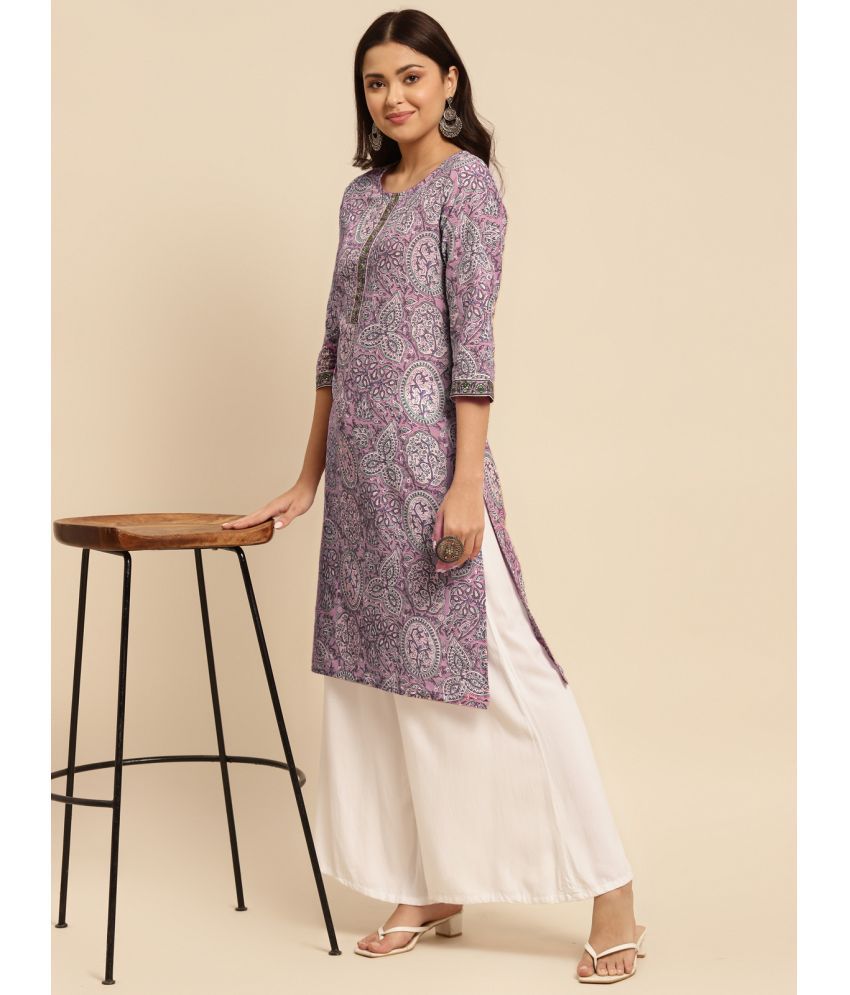Rangita Women 100% Cotton Purple Jaipuri Printed Knee Length Straight Kurti